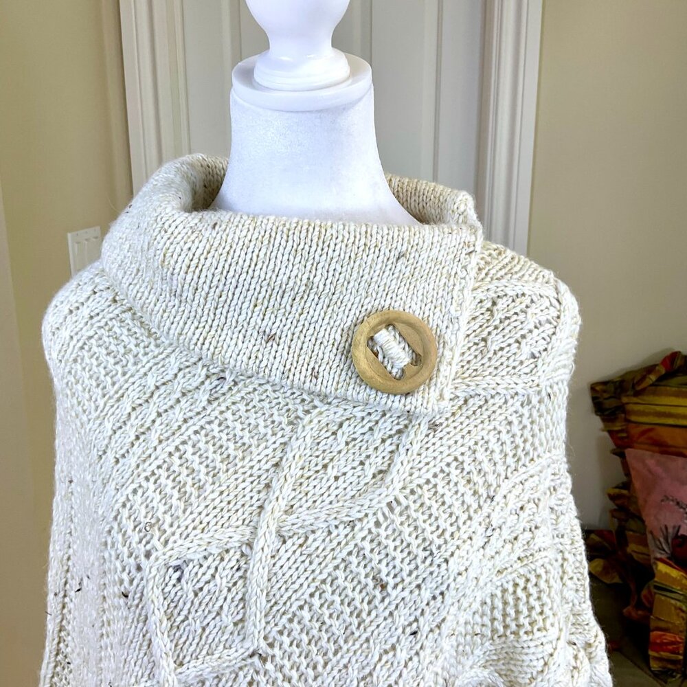 Chunky Knit Poncho Cape Fringe Button Ivory (OS) - Picture 6 of 10